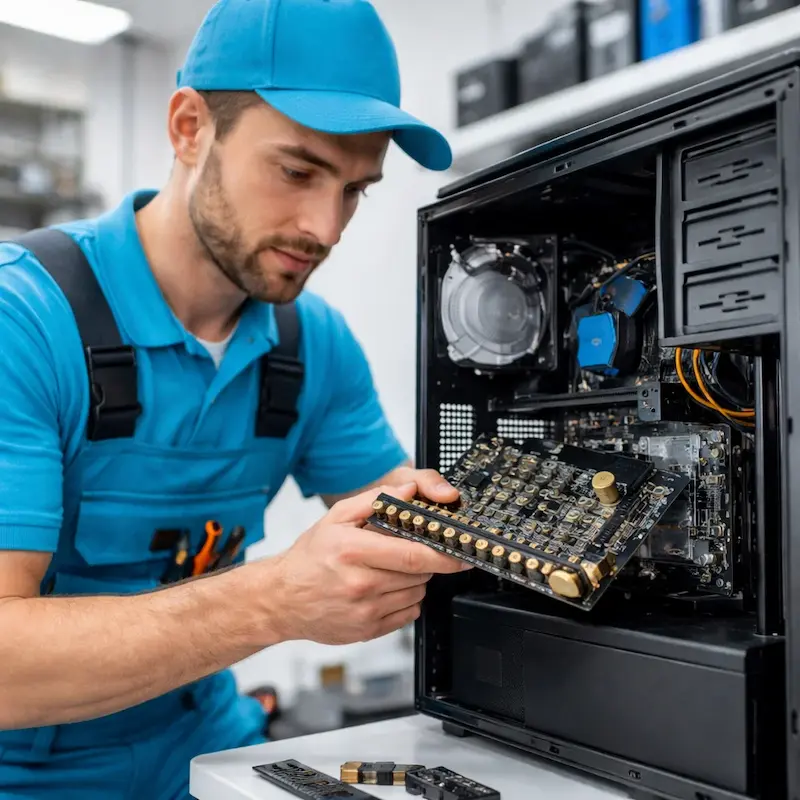 Мастер устанавливает звуковую карту на ПК в Шуе